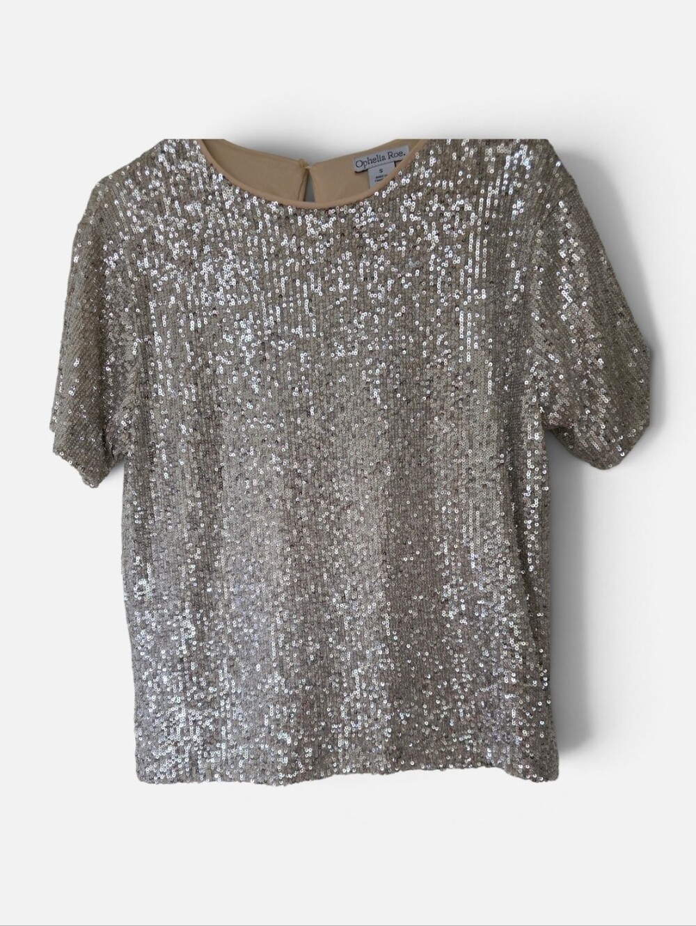 Ophelia Roe Champagne Gold Sequin Short Sleeve Top | Size S | Party Holiday